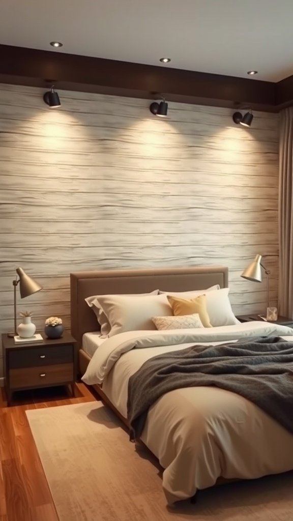 Cozy bedroom with textured wall treatments, featuring wooden elements and soft lighting.