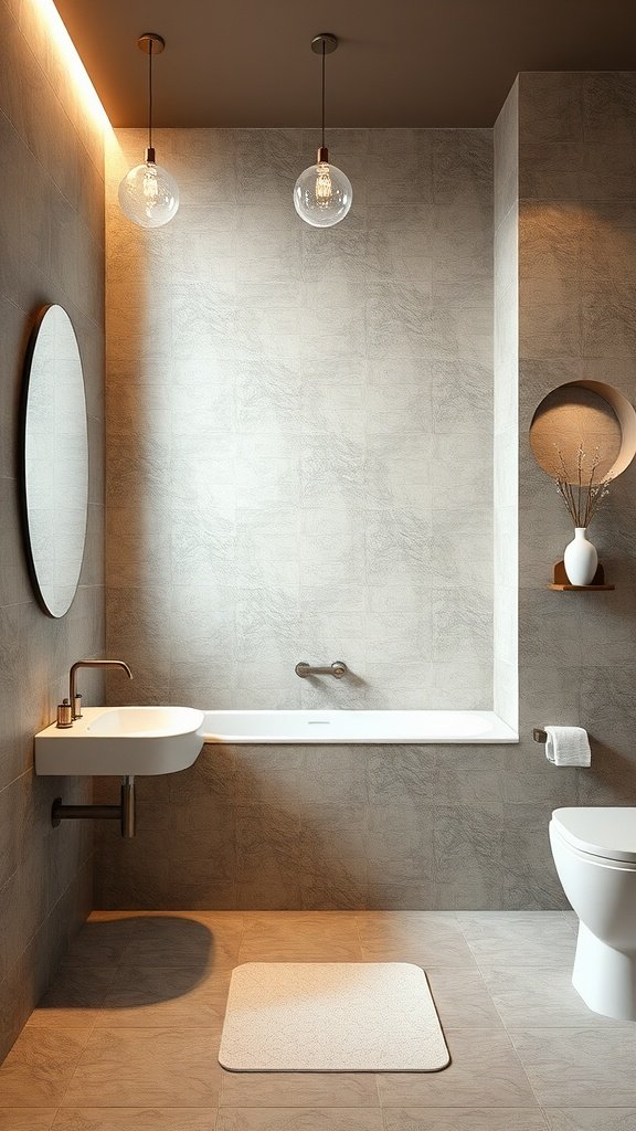 A modern bathroom featuring textured wall treatments, a bathtub, mirror, and stylish lighting.