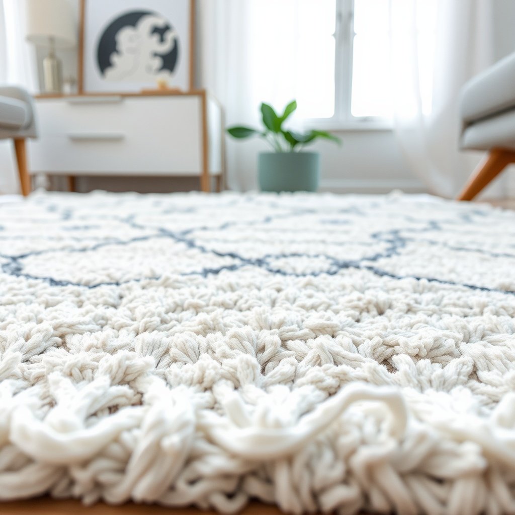 A close-up view of a plush rug with a textured design in a cozy living room setting.