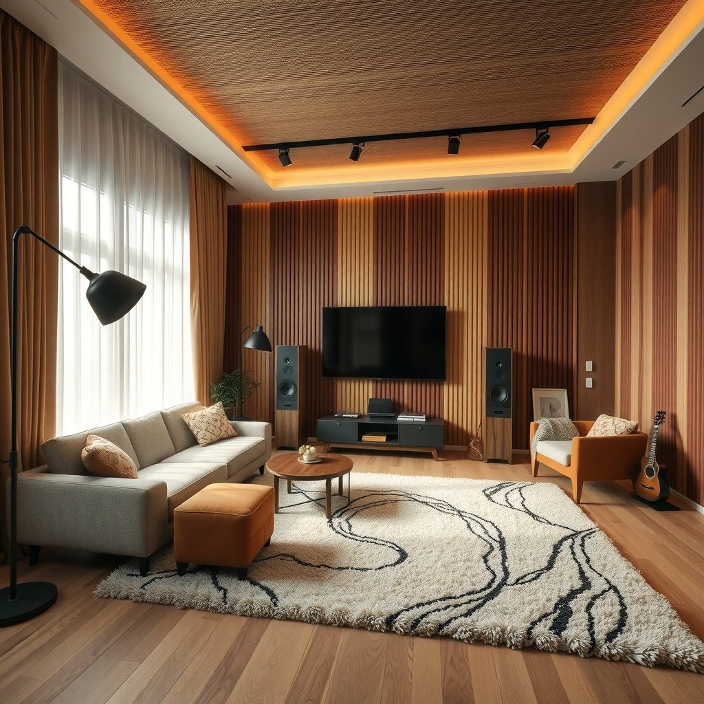 A cozy living room featuring a plush rug, soft furnishings, and warm lighting.