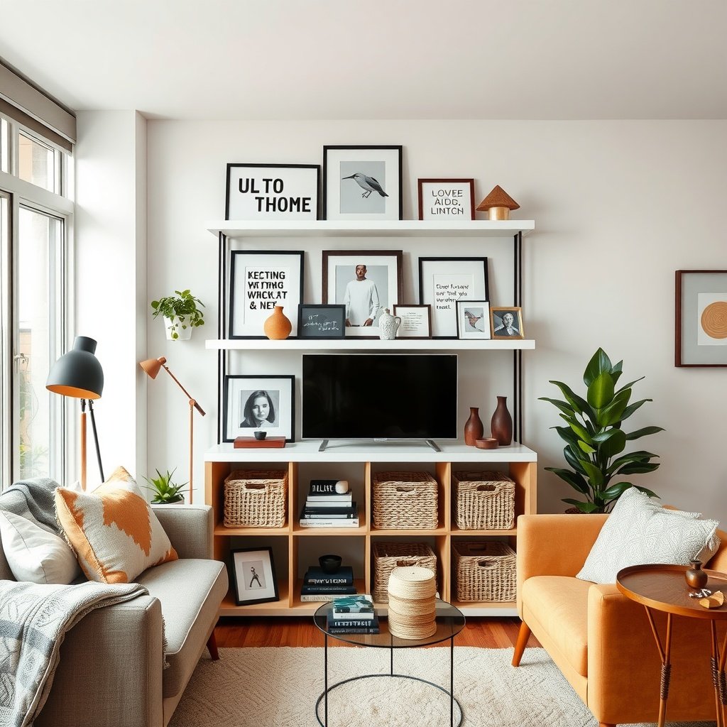 Stylish shelving in a small living room featuring framed artwork, plants, and decorative baskets.