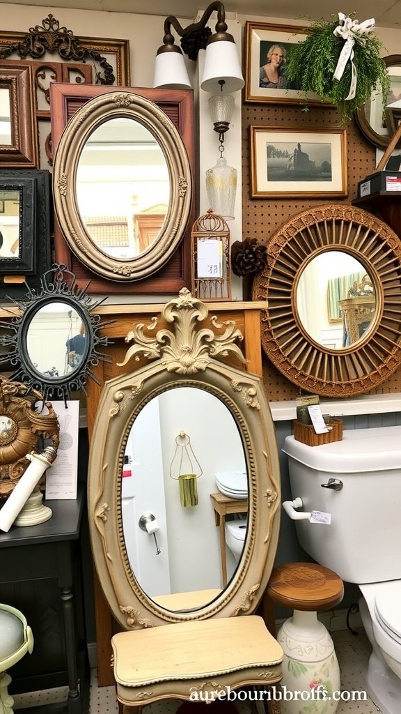A bathroom featuring various decorative mirrors and a vintage style.
