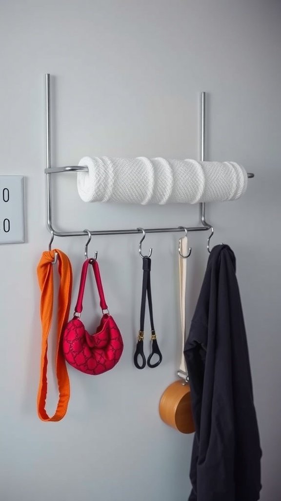 A towel rack with hooks displaying towels and bags on a wall.