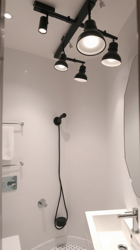 A modern bathroom featuring track lighting with adjustable fixtures.
