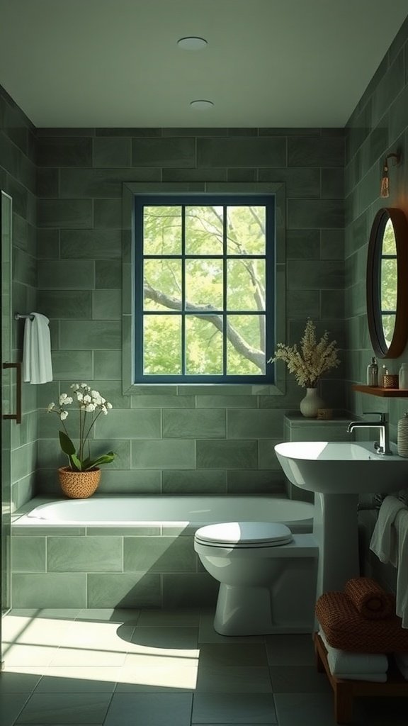 A tranquil green bathroom with natural light and plants.