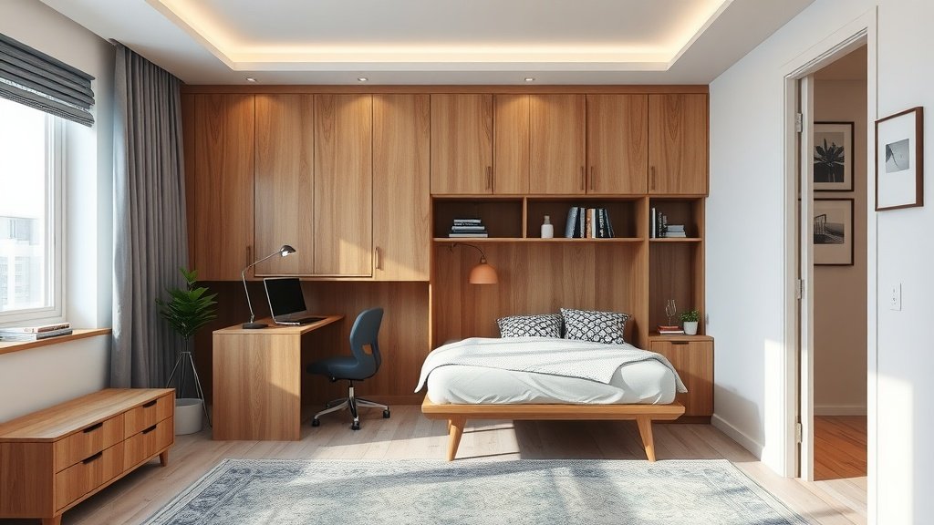 Modern bedroom featuring multifunctional furniture including a desk and ample storage.