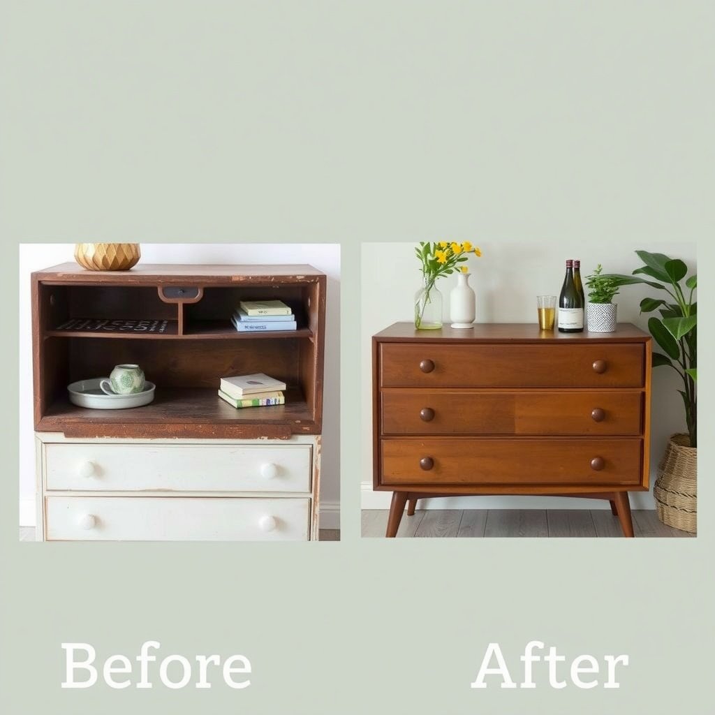 Before and after transformation of a thrift store furniture piece.