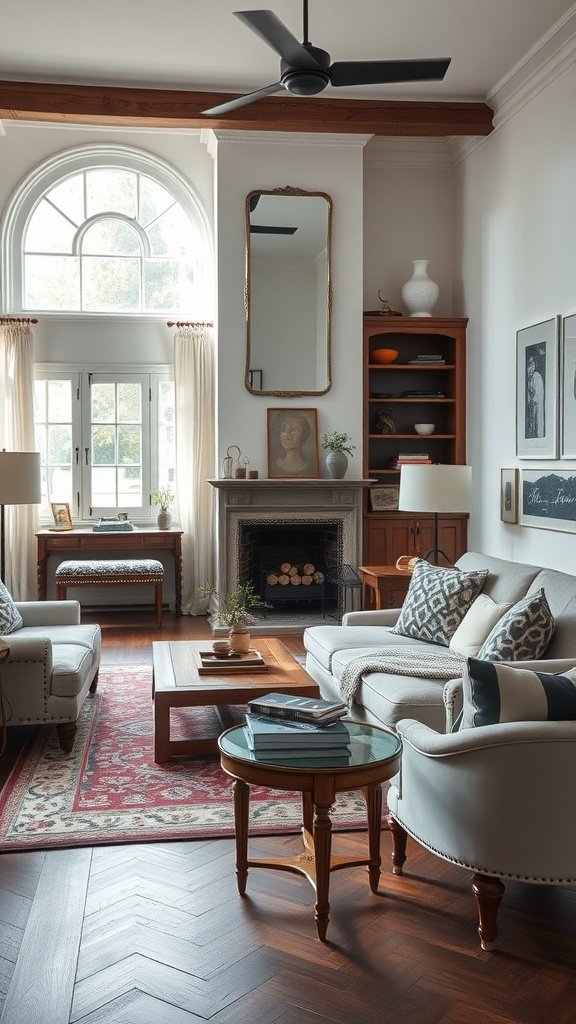 A cozy living room featuring transitional furniture, with a mix of traditional and modern elements.