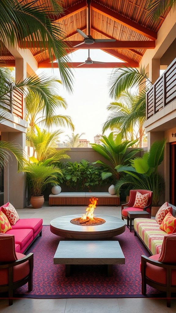 A tropical living room featuring colorful seating, a fire pit, and surrounding greenery.