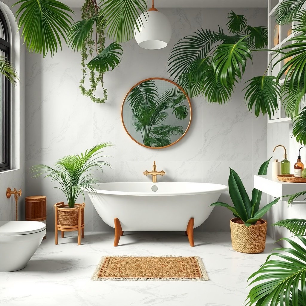 A modern bathroom featuring palm leaves and a freestanding bathtub.