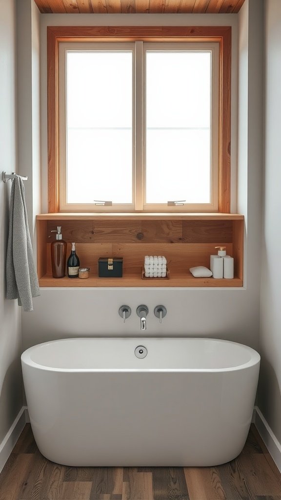 A cozy bathroom featuring a stylish bathtub and wooden shelving for storage.