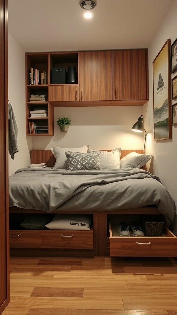 A small bedroom with under-bed storage boxes organized beneath the bed, creating a tidy space.