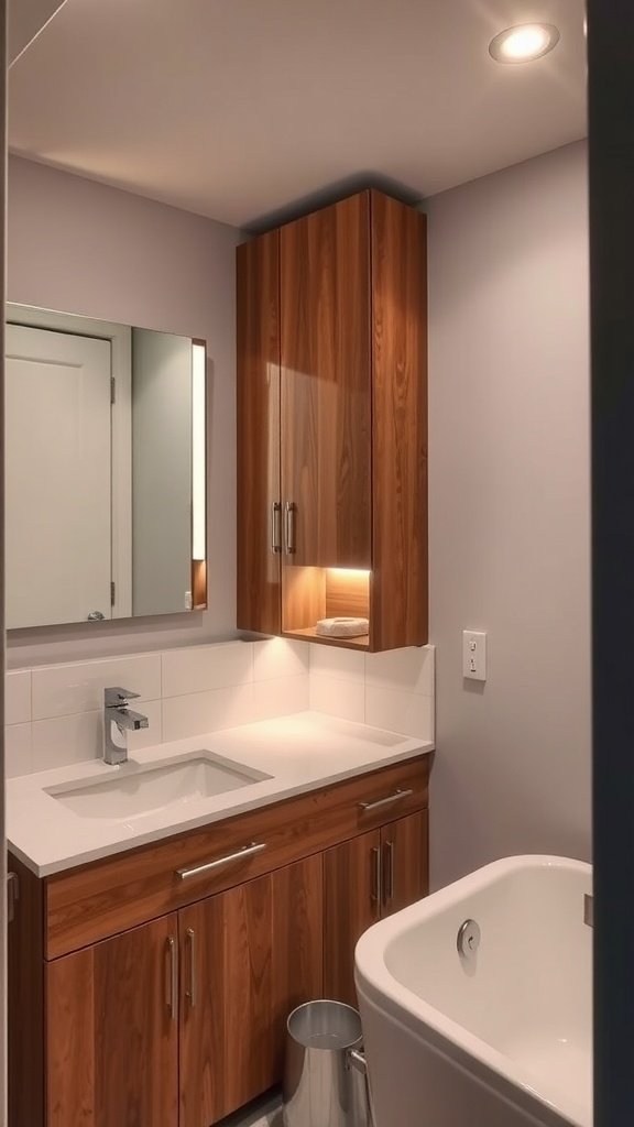 A modern bathroom with under-cabinet LED lighting creating a warm ambiance.