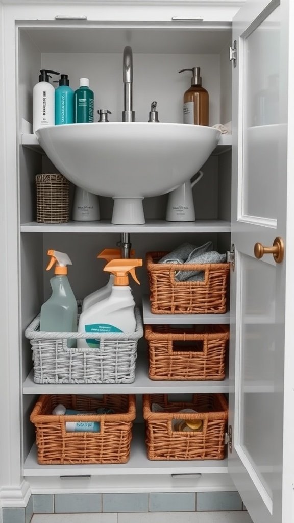Organized under-sink storage with baskets and cleaning supplies