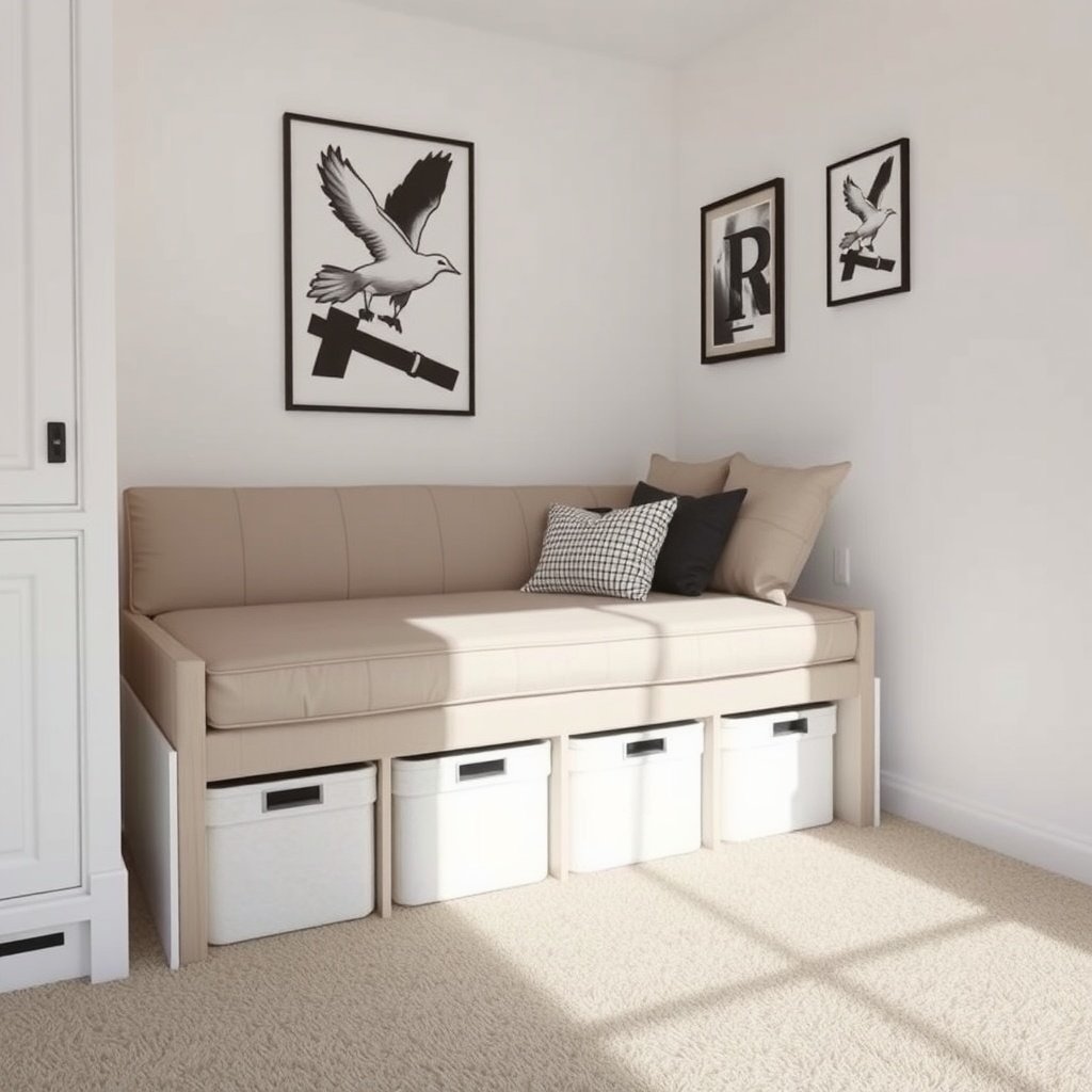 A living room with a sofa and storage bins underneath