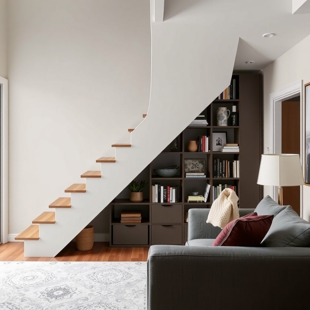 Stylish under-stair shelving with books and decor in a small living room