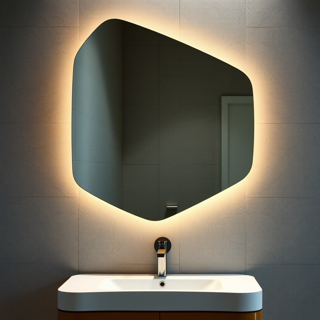 A unique asymmetrical mirror with soft backlighting above a modern sink.