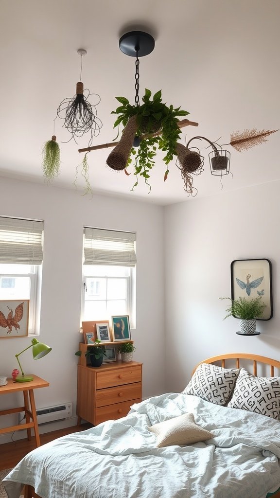 A cozy bedroom featuring unique ceiling decor with hanging plants and artistic elements.