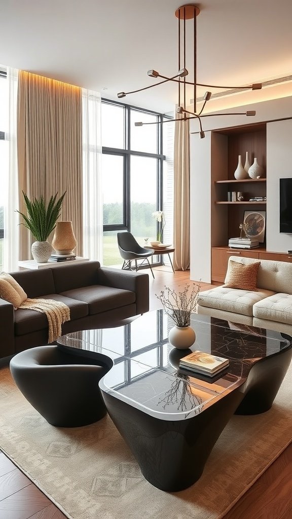 A stylish contemporary living room featuring a uniquely shaped wooden coffee table with a vase and book on it.