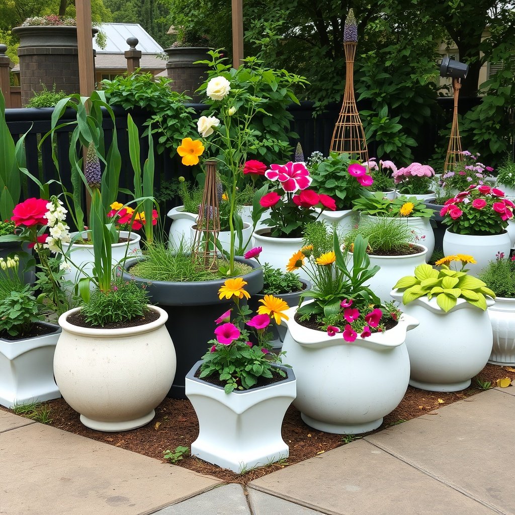 A variety of unique planters with colorful flowers in a backyard setting.