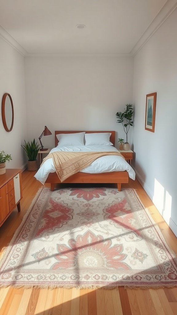 A cozy small bedroom with a decorative rug under the bed, enhancing the romantic vibe.