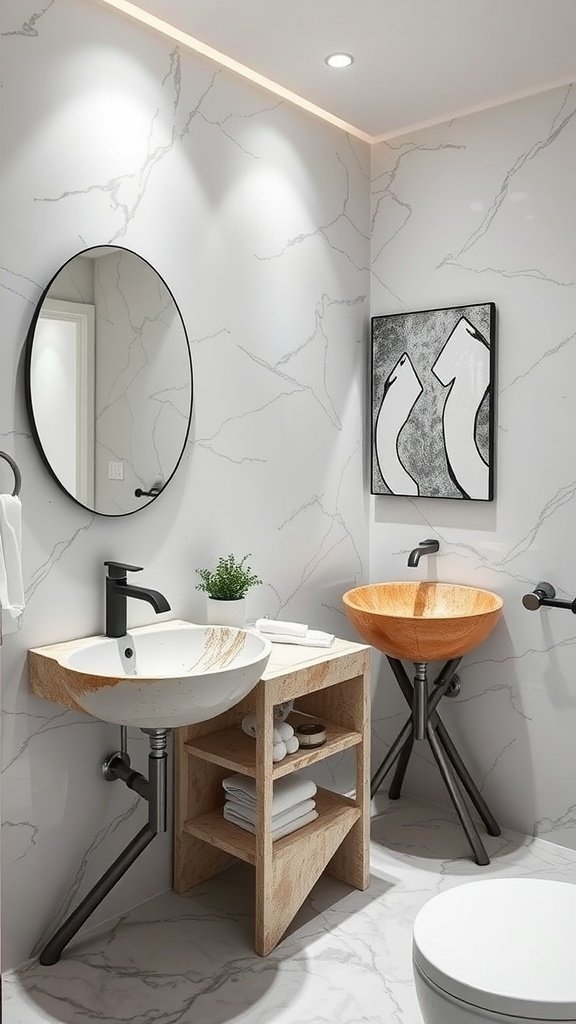 A modern bathroom featuring unique sink designs, one in white and the other in wood, complemented by stylish fixtures.