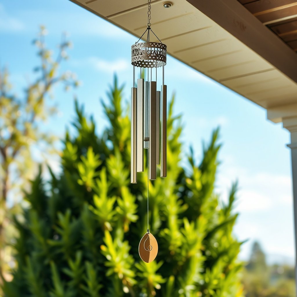 A close-up of unique wind chimes hanging, swaying gently in the breeze against a sunny backdrop.