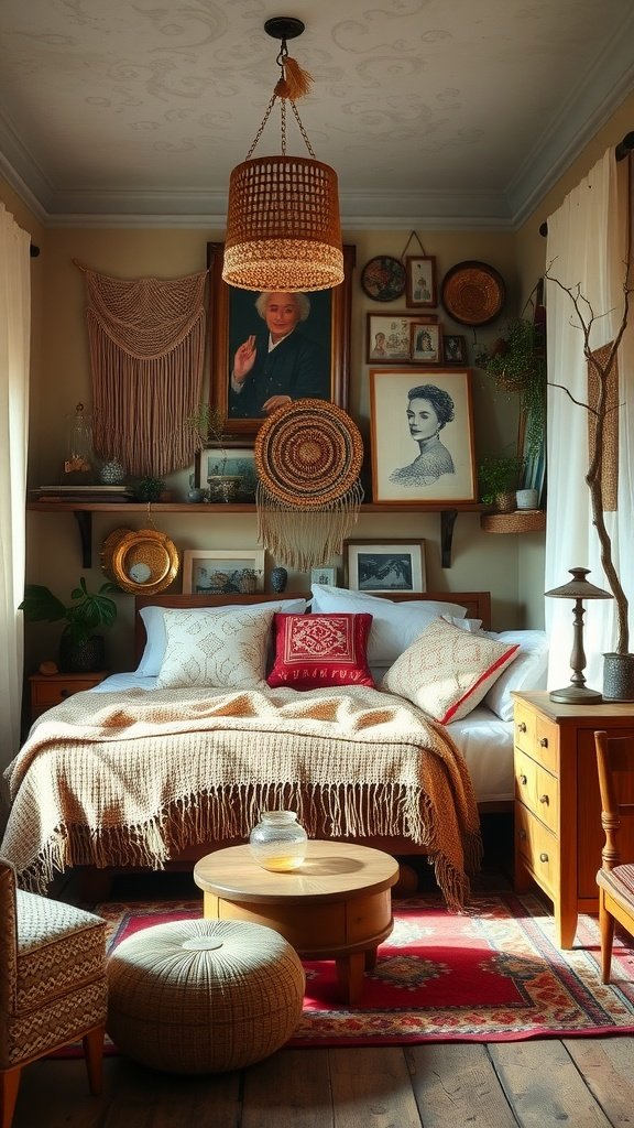 A cozy boho bedroom featuring upcycled furniture and warm decor.