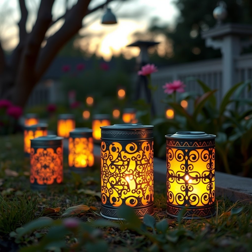 Upcycled tin can lanterns glowing in a garden setting.