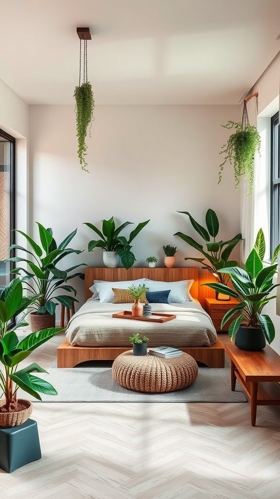 A cozy bedroom with brown bedding and various indoor plants creating an urban jungle vibe.