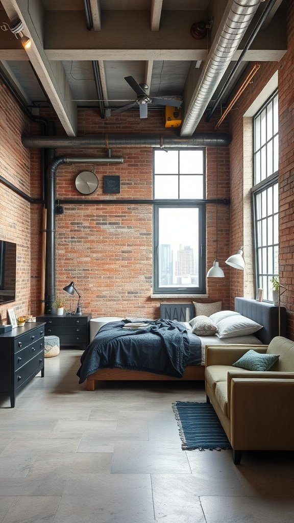 Urban loft bedroom with industrial elements and neutral decor