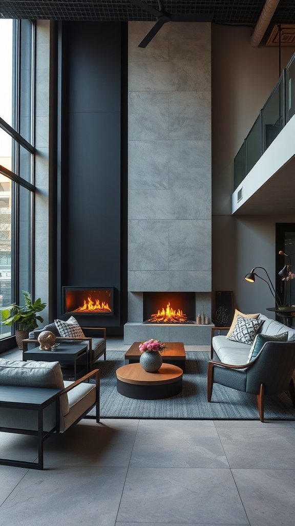 A stylish living room featuring modern fireplaces and comfortable seating.