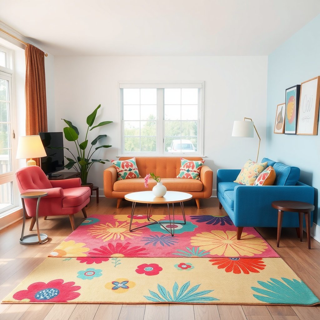 A bright living room with a colorful area rug featuring summer patterns.