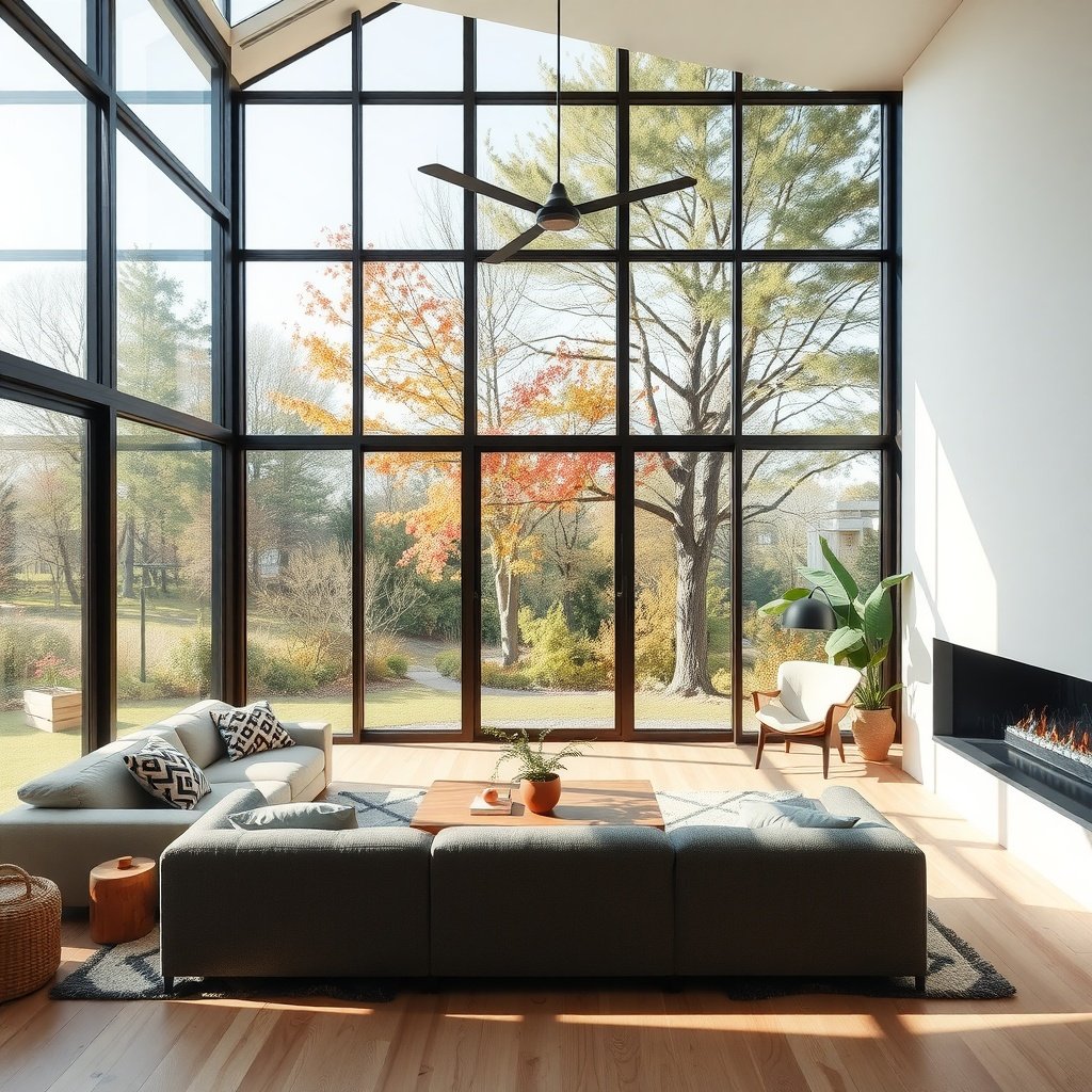 Bright living room with large windows showing outdoor greenery.