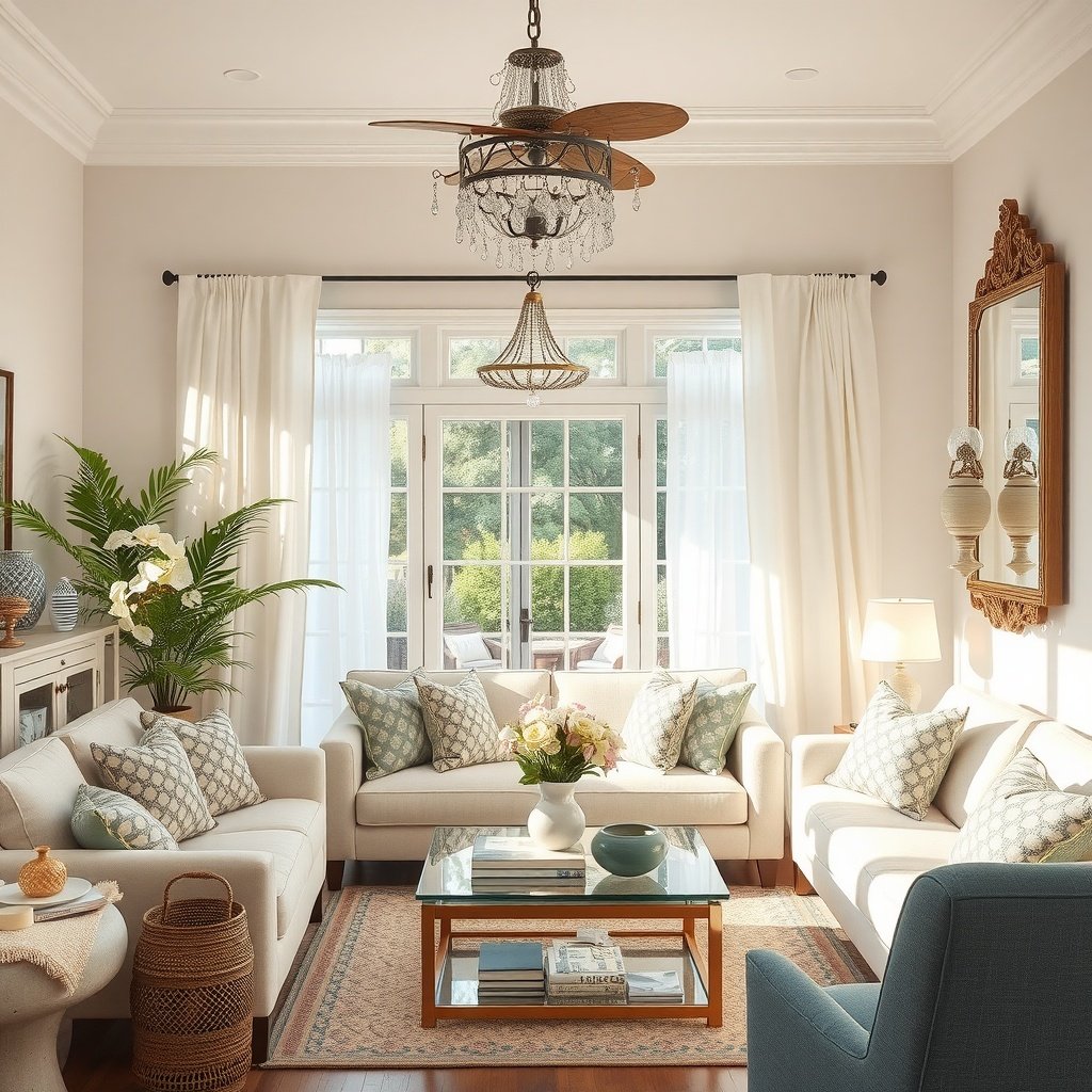 Bright and airy living room with reflective surfaces and summer decor.