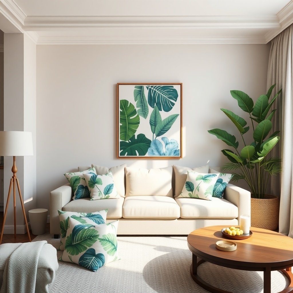 A bright living room with a tropical theme featuring leaf-patterned cushions and wall art.
