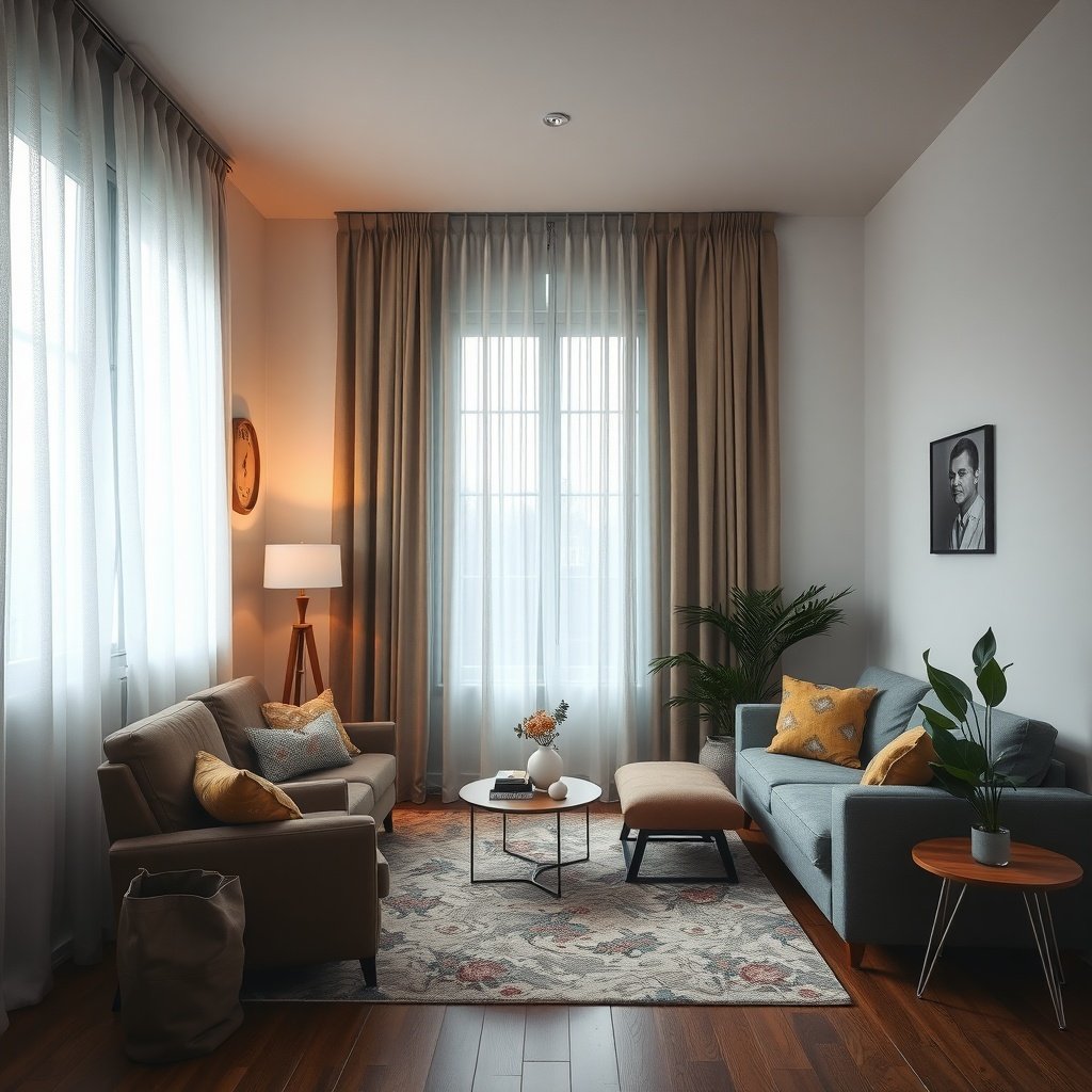 A cozy small living room with long curtains, a coffee table, and comfortable seating.