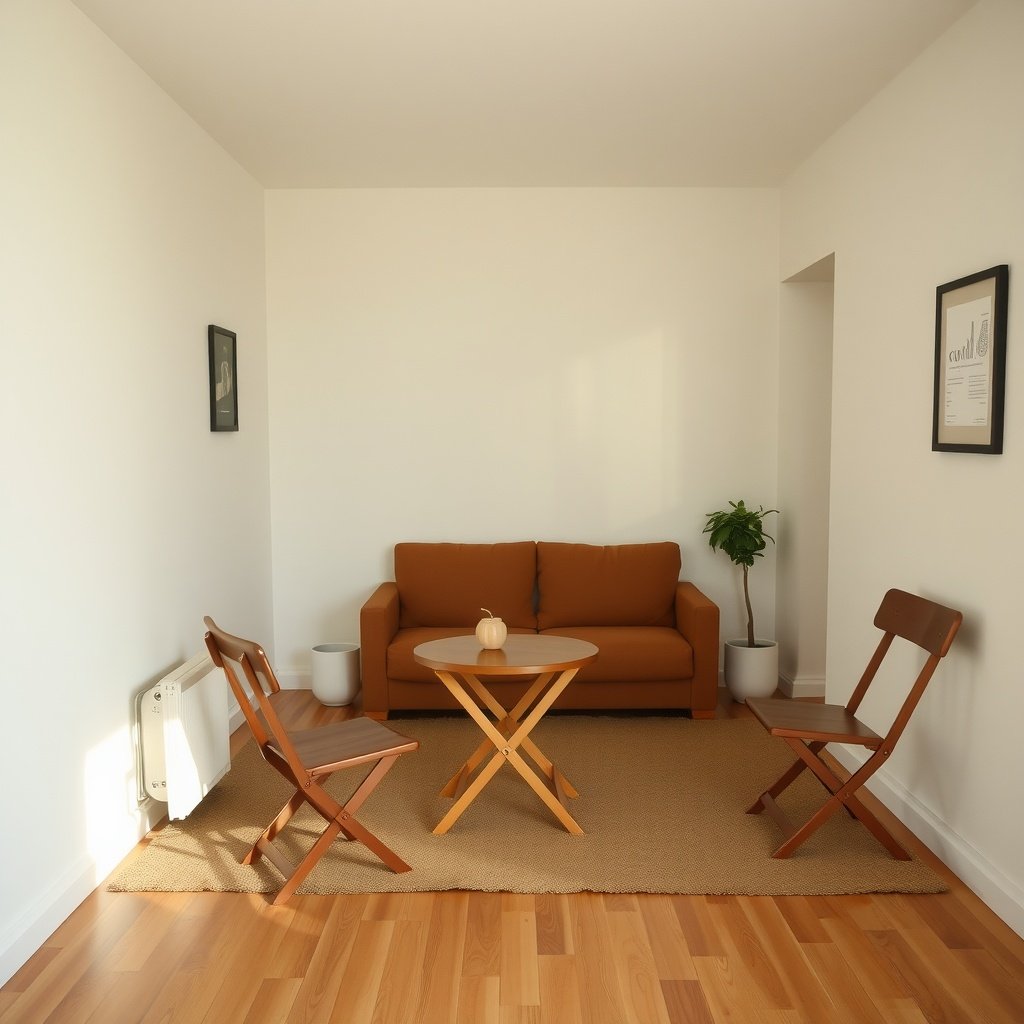 A cozy small living room with a foldable table and chairs, featuring a brown sofa and a plant.