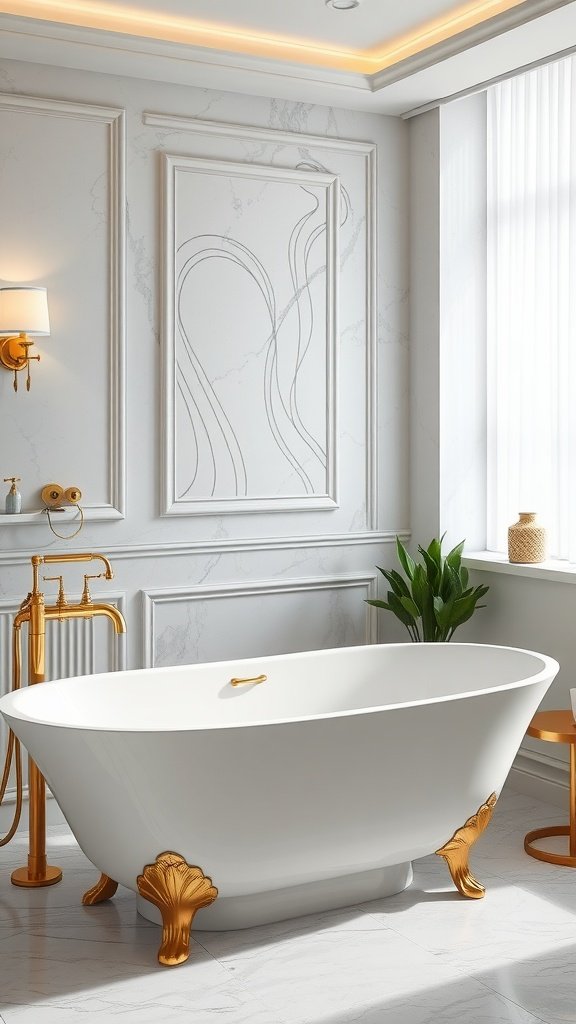 A modern bathroom featuring a white bathtub with gold accents and fixtures.