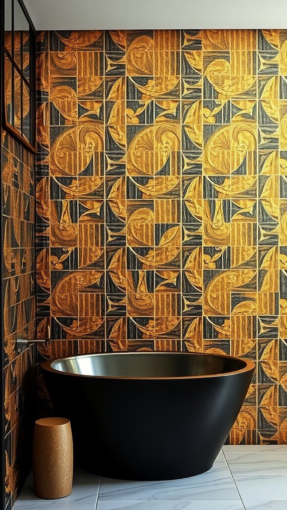 Elegant bathroom with gold mosaic wall tiles and modern fixtures.