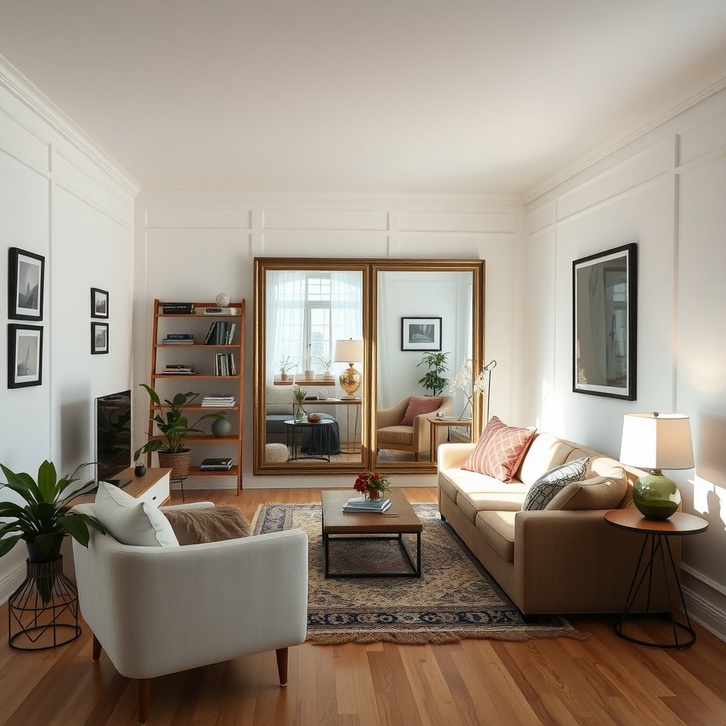 A cozy small living room featuring mirrors that enhance the sense of space.