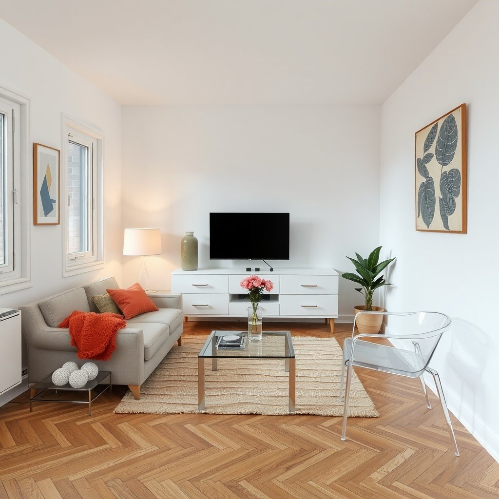 A small living room featuring a light-colored sofa, a glass coffee table, and a clear Lucite chair.