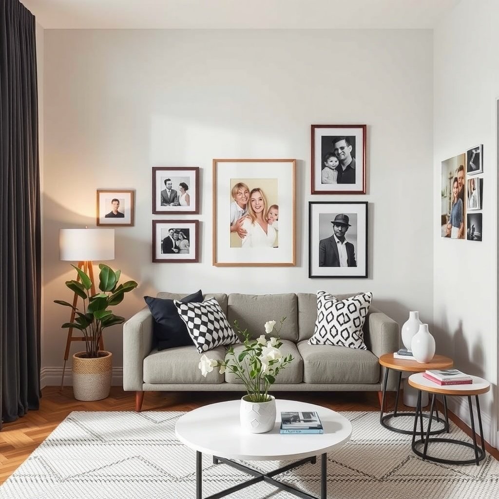 A cozy small living room with various wall art, including framed photos and a world map.