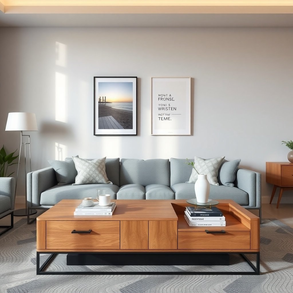 A cozy living room featuring a light blue couch, wooden coffee table with storage, and stylish decor.
