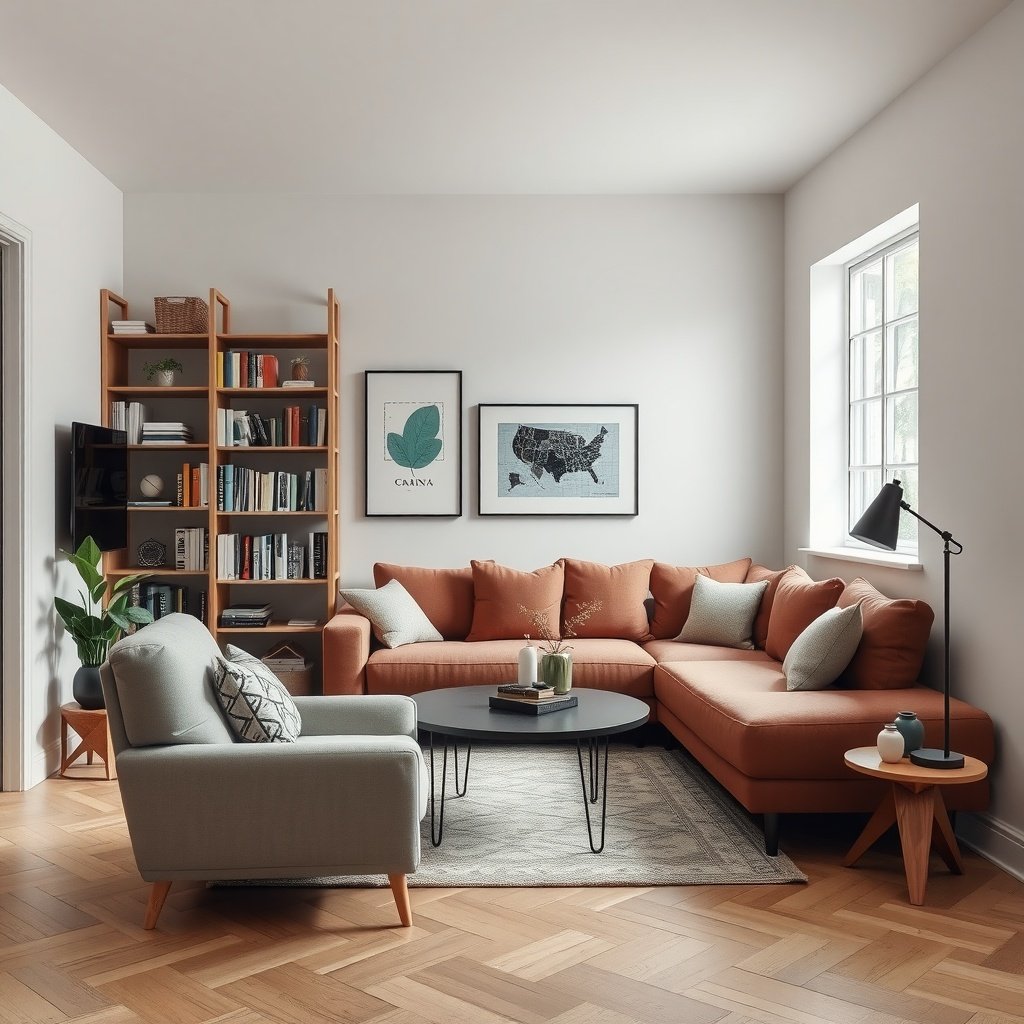 A cozy small living room layout featuring a sectional sofa, a chair, and bookshelves in the corner.