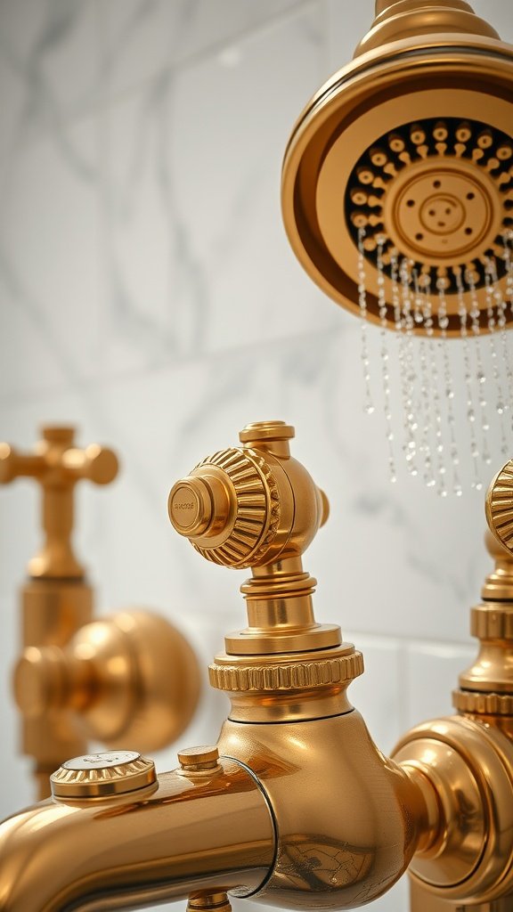 Gold bathroom fixtures against dark tiled wall