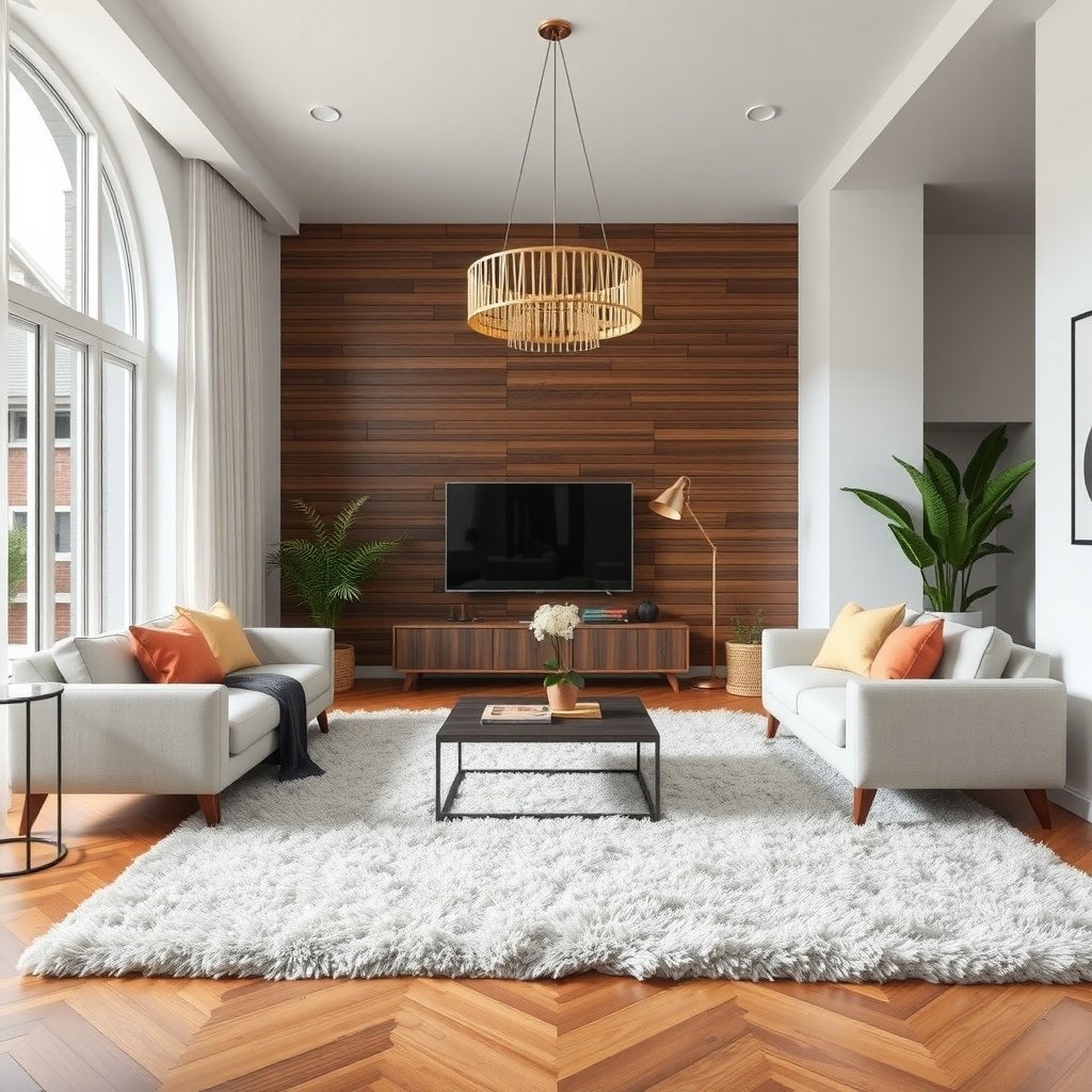 Cozy living room with plush rug and modern decor