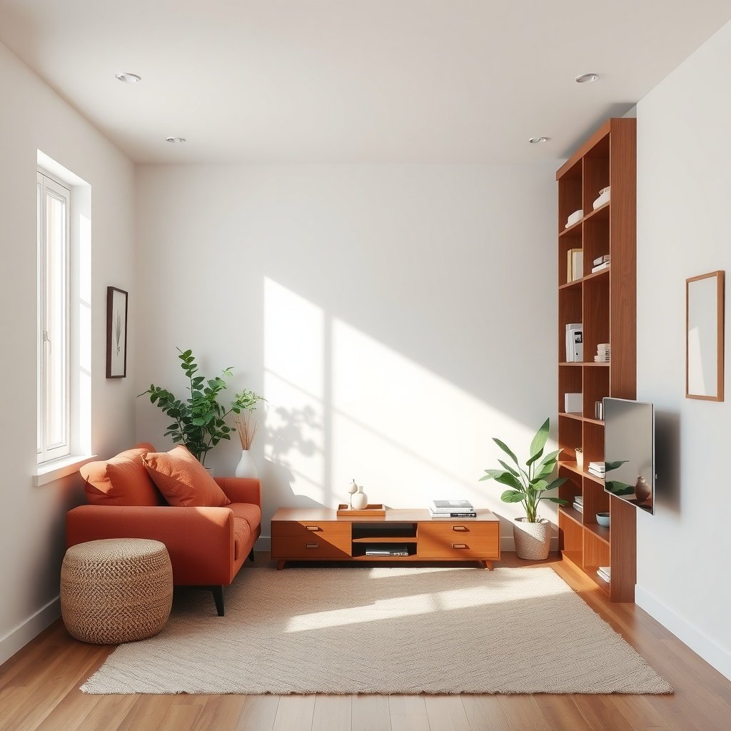 A small living room with an orange couch, a wooden TV stand, and tall bookshelves for vertical storage.