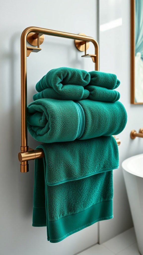 Two folded velvet emerald green towels on a towel rack