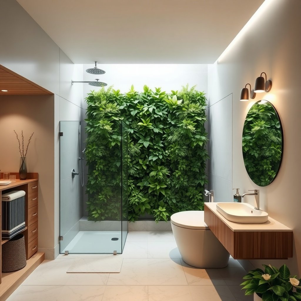 Modern bathroom featuring a lush vertical garden panel